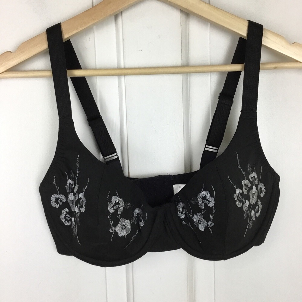Vassarette Black Embroidered Bra 38C Floral Underwire